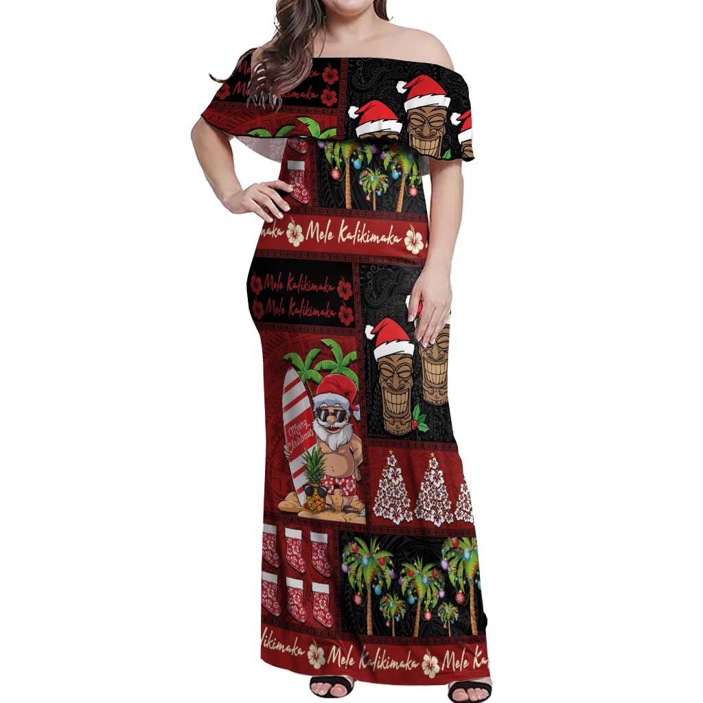 Hawaiian Christmas Off Shoulder Maxi Dress - Mele Kalikimaka Island Holiday Vibes - Black Red