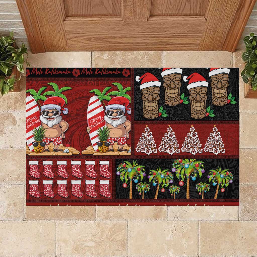 Hawaiian Christmas Rubber Doormat - Mele Kalikimaka Island Holiday Vibes - Black Red LT03 Black - Red - Polynesian Pride