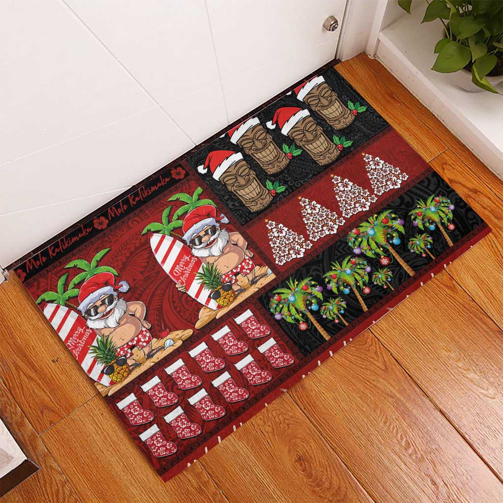Hawaiian Christmas Rubber Doormat - Mele Kalikimaka Island Holiday Vibes - Black Red LT03 - Polynesian Pride