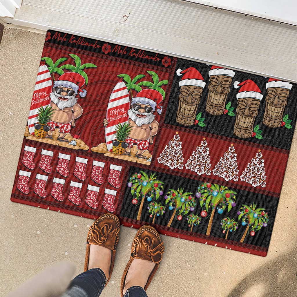 Hawaiian Christmas Rubber Doormat - Mele Kalikimaka Island Holiday Vibes - Black Red LT03 - Polynesian Pride