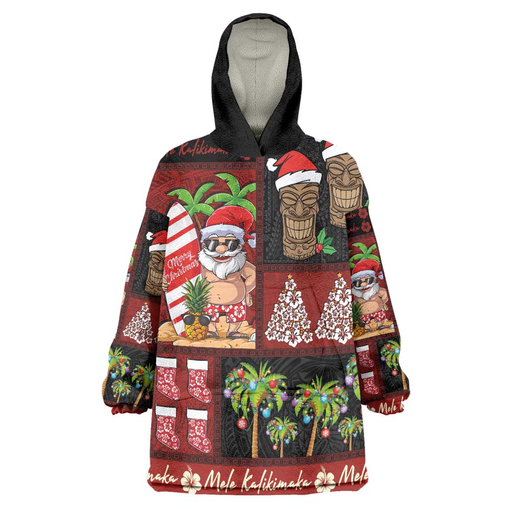 Hawaiian Christmas Wearable Blanket Hoodie - Mele Kalikimaka Island Holiday Vibes - Black Red