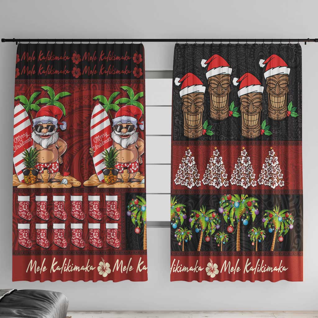 Hawaiian Christmas Window Curtain - Mele Kalikimaka Island Holiday Vibes - Black Red LT03 With Hooks Black - Red - Polynesian Pride