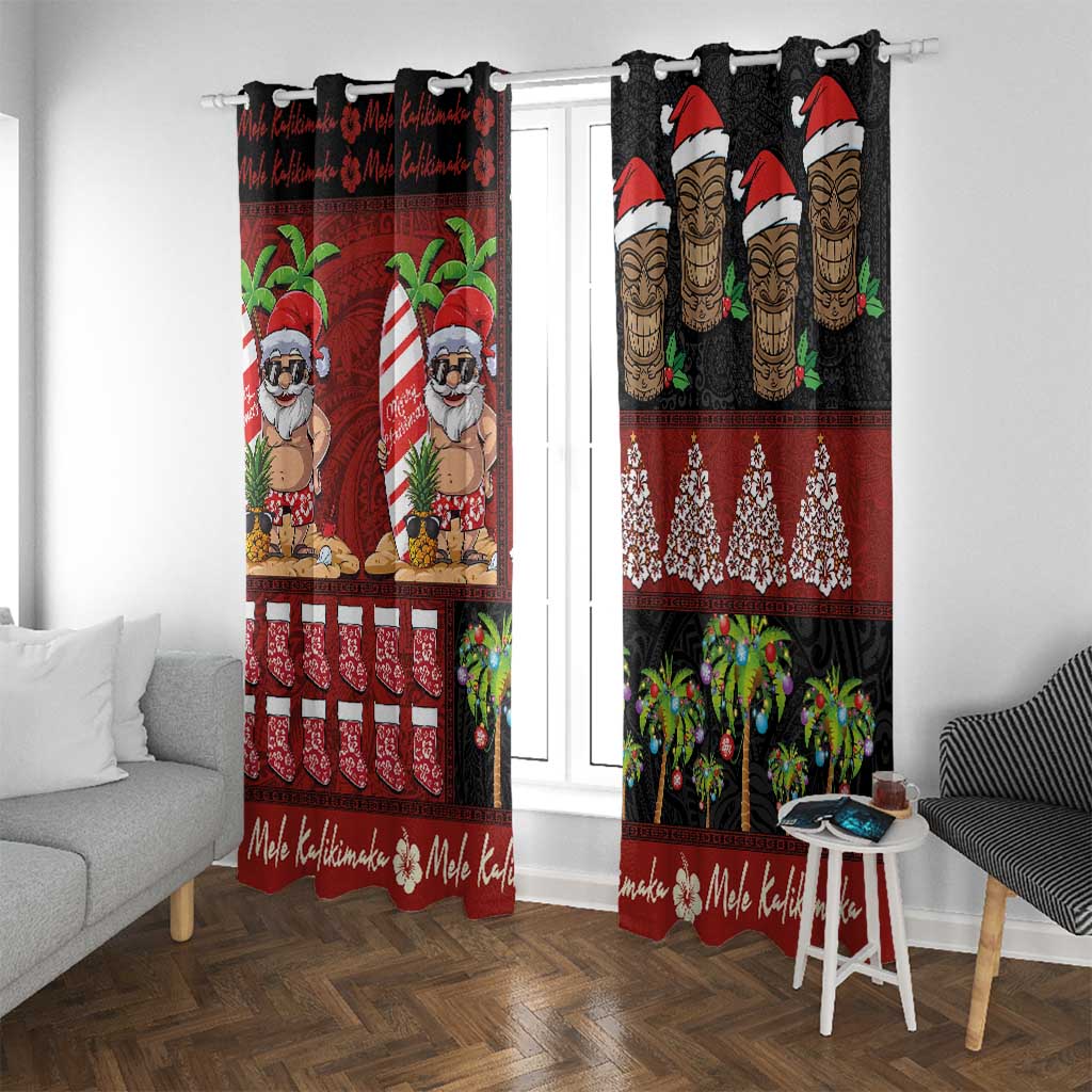 Hawaiian Christmas Window Curtain - Mele Kalikimaka Island Holiday Vibes - Black Red LT03 With Grommets Black - Red - Polynesian Pride