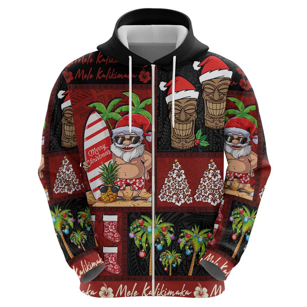 Hawaiian Christmas Zip Hoodie - Mele Kalikimaka Island Holiday Vibes - Black Red