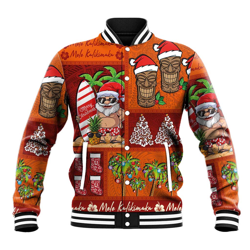 Hawaiian Christmas Baseball Jacket - Mele Kalikimaka Island Holiday Vibes - Red Orange