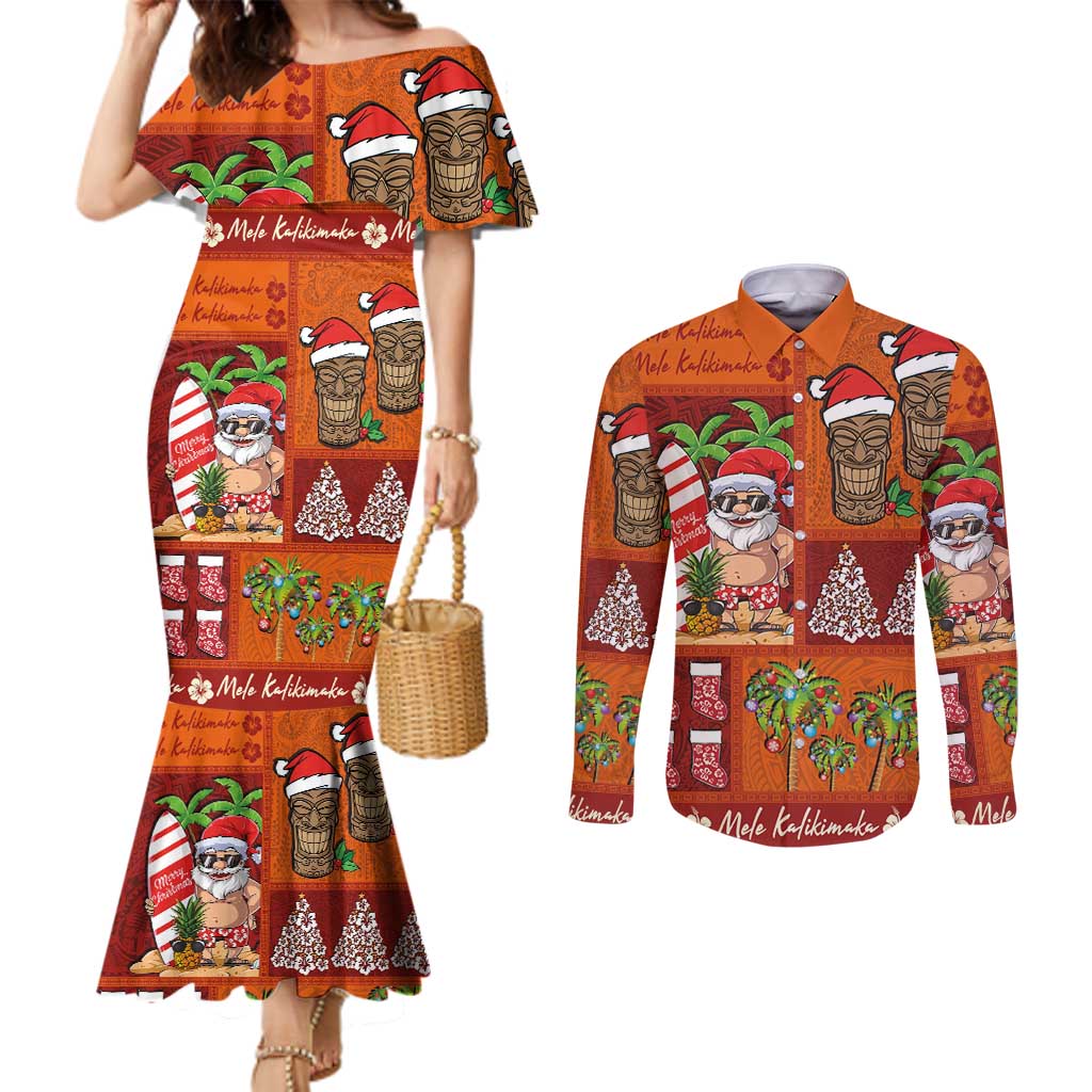 Hawaiian Christmas Couples Matching Mermaid Dress and Long Sleeve Button Shirt - Mele Kalikimaka Island Holiday Vibes - Red Orange