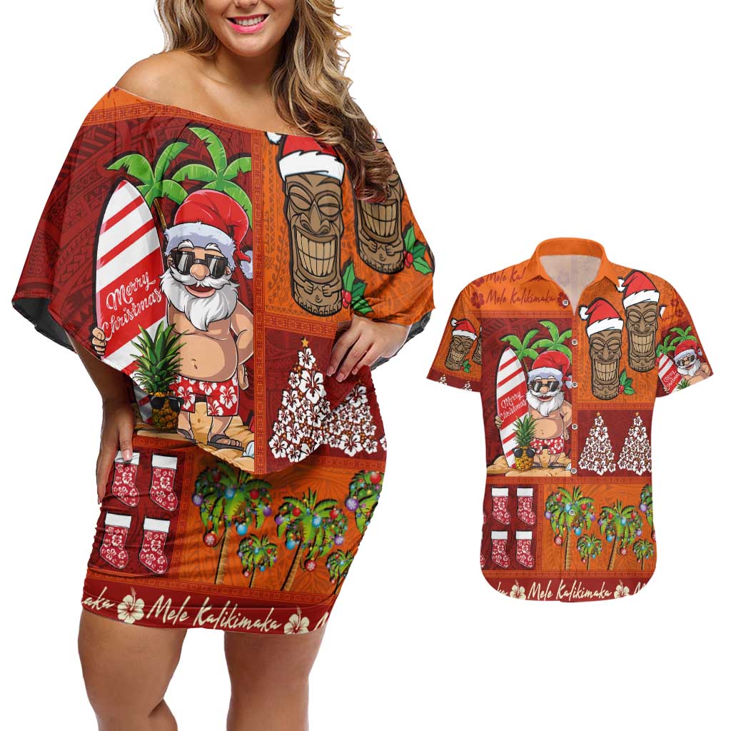 Hawaiian Christmas Couples Matching Off Shoulder Short Dress and Hawaiian Shirt - Mele Kalikimaka Island Holiday Vibes - Red Orange