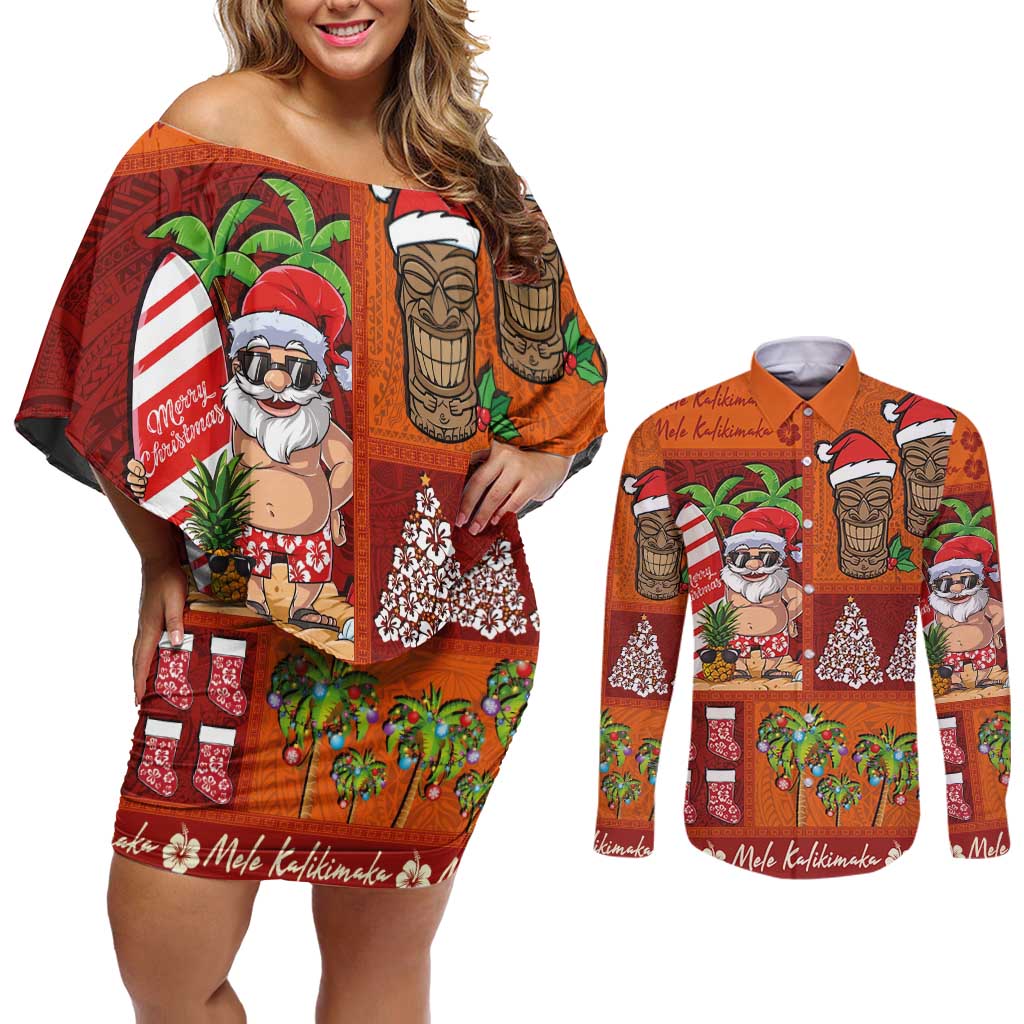 Hawaiian Christmas Couples Matching Off Shoulder Short Dress and Long Sleeve Button Shirt - Mele Kalikimaka Island Holiday Vibes - Red Orange