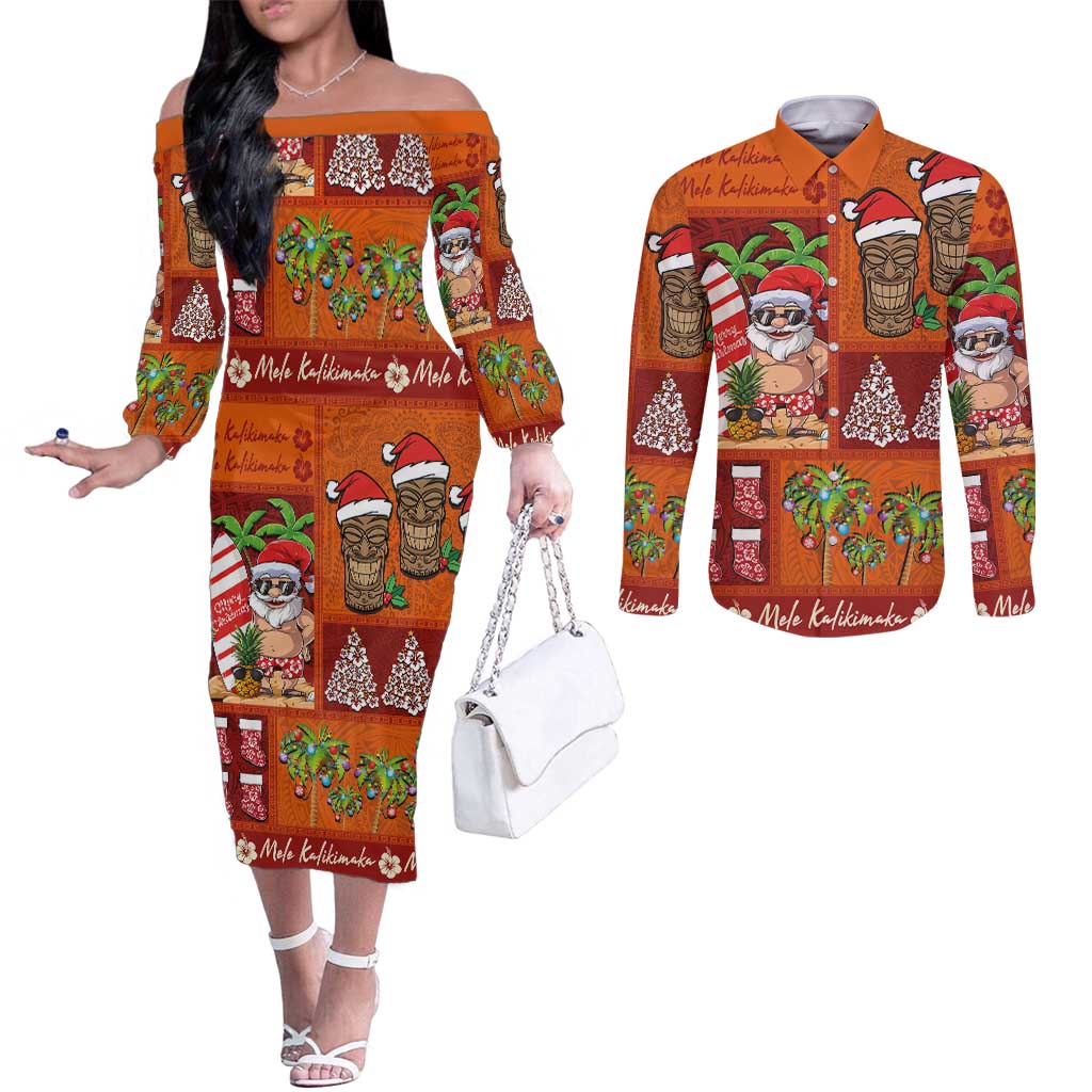 Hawaiian Christmas Couples Matching Off The Shoulder Long Sleeve Dress and Long Sleeve Button Shirt - Mele Kalikimaka Island Holiday Vibes - Red Orange