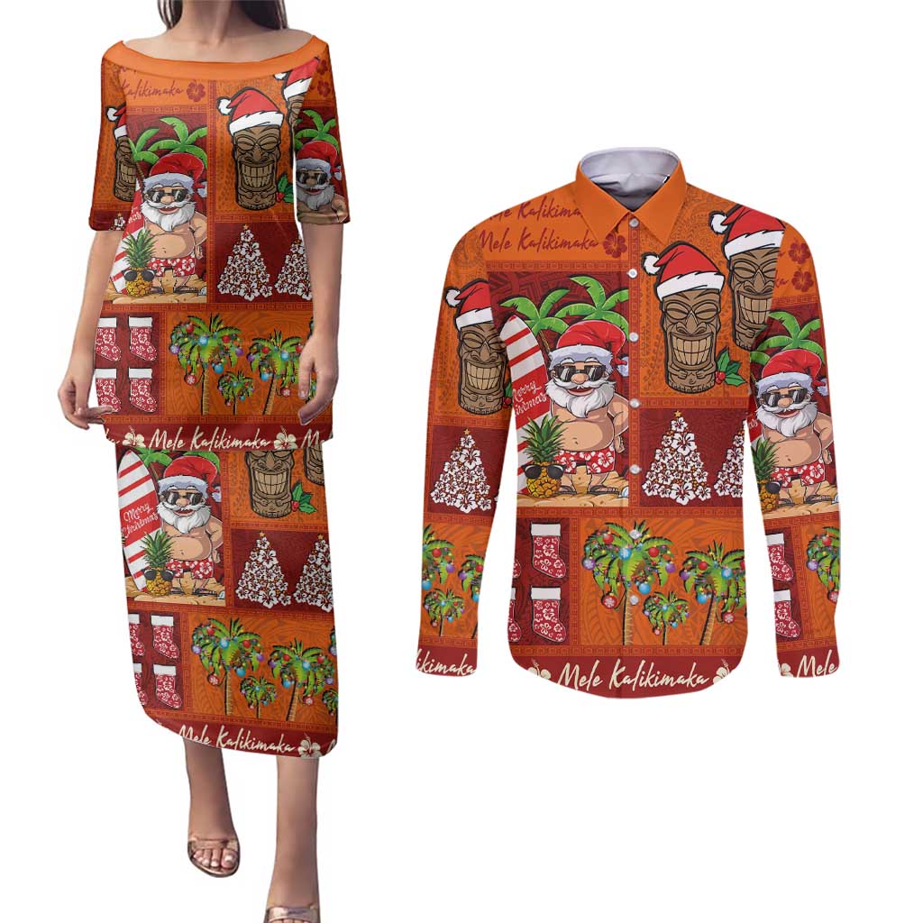 Hawaiian Christmas Couples Matching Puletasi and Long Sleeve Button Shirt - Mele Kalikimaka Island Holiday Vibes - Red Orange LT03 Red - Orange - Polynesian Pride