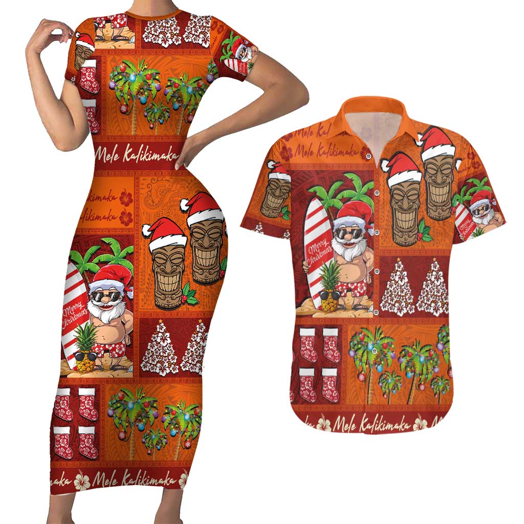 Hawaiian Christmas Couples Matching Short Sleeve Bodycon Dress and Hawaiian Shirt - Mele Kalikimaka Island Holiday Vibes - Red Orange