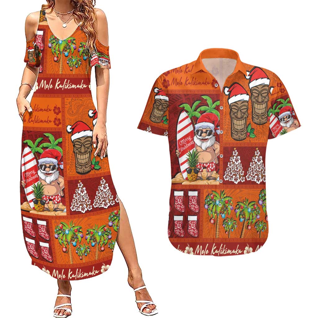 Hawaiian Christmas Couples Matching Summer Maxi Dress and Hawaiian Shirt - Mele Kalikimaka Island Holiday Vibes - Red Orange