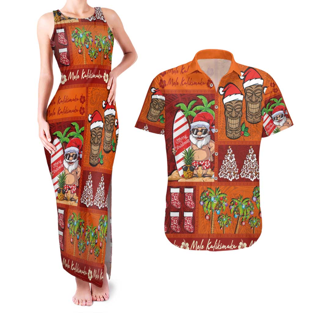 Hawaiian Christmas Couples Matching Tank Maxi Dress and Hawaiian Shirt - Mele Kalikimaka Island Holiday Vibes - Red Orange