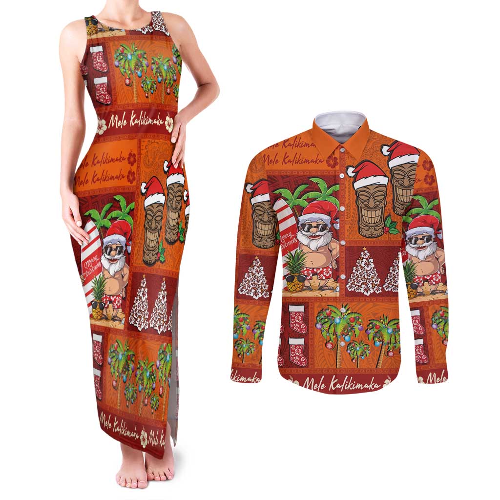 Hawaiian Christmas Couples Matching Tank Maxi Dress and Long Sleeve Button Shirt - Mele Kalikimaka Island Holiday Vibes - Red Orange