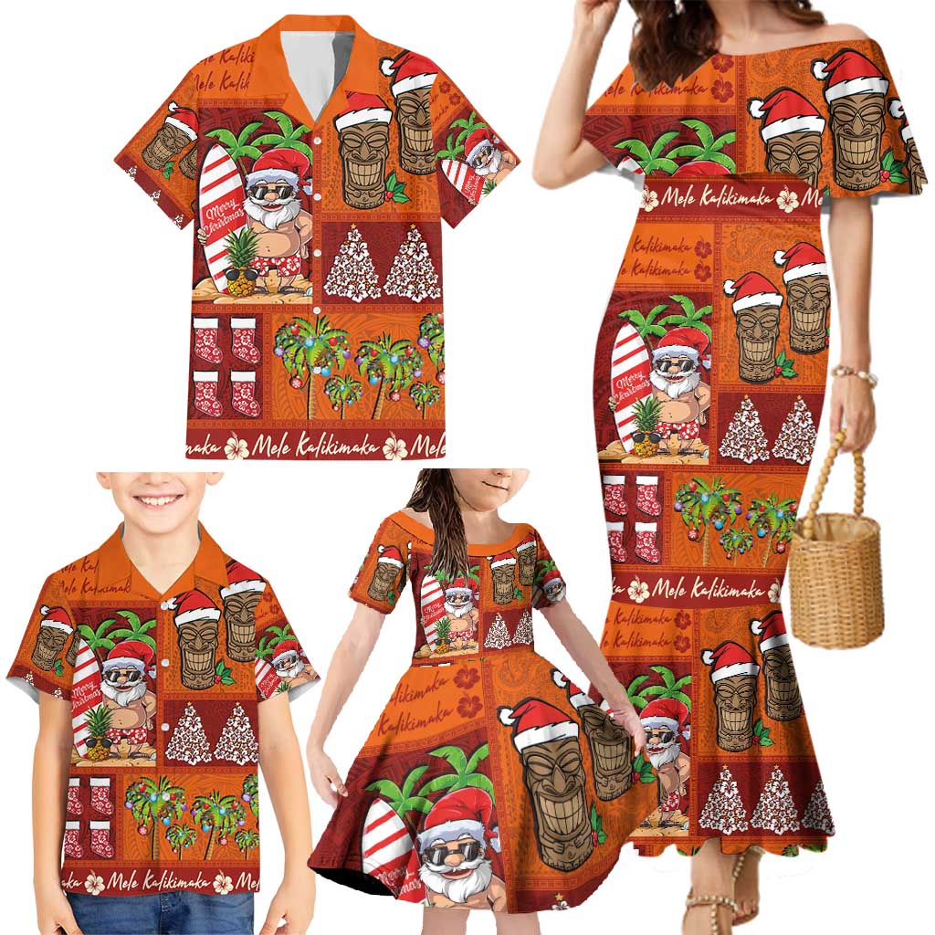 Hawaiian Christmas Family Matching Mermaid Dress and Hawaiian Shirt - Mele Kalikimaka Island Holiday Vibes - Red Orange