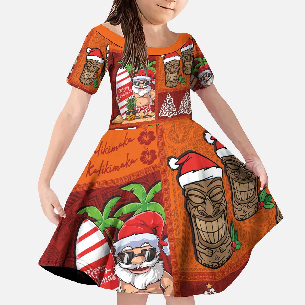 Hawaiian Christmas Family Matching Off The Shoulder Long Sleeve Dress and Hawaiian Shirt - Mele Kalikimaka Island Holiday Vibes - Red Orange