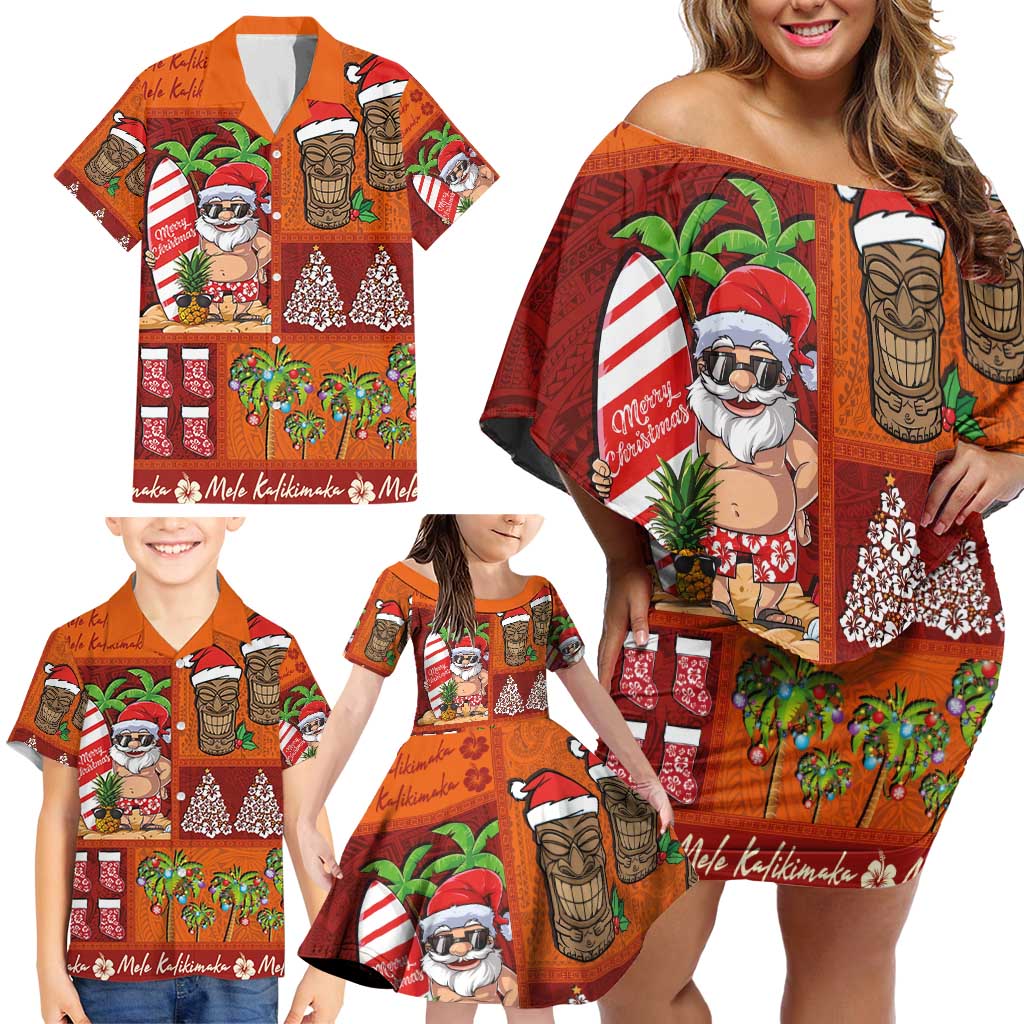 Hawaiian Christmas Family Matching Off Shoulder Short Dress and Hawaiian Shirt - Mele Kalikimaka Island Holiday Vibes - Red Orange