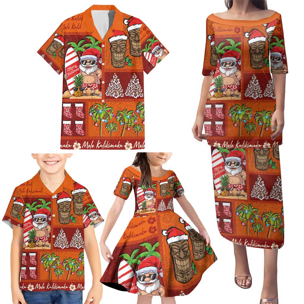 Hawaiian Christmas Family Matching Puletasi and Hawaiian Shirt - Mele Kalikimaka Island Holiday Vibes - Red Orange