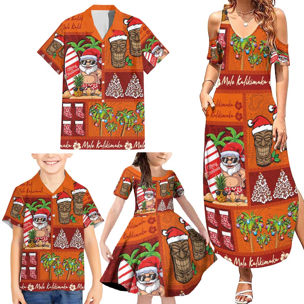 Hawaiian Christmas Family Matching Summer Maxi Dress and Hawaiian Shirt - Mele Kalikimaka Island Holiday Vibes - Red Orange