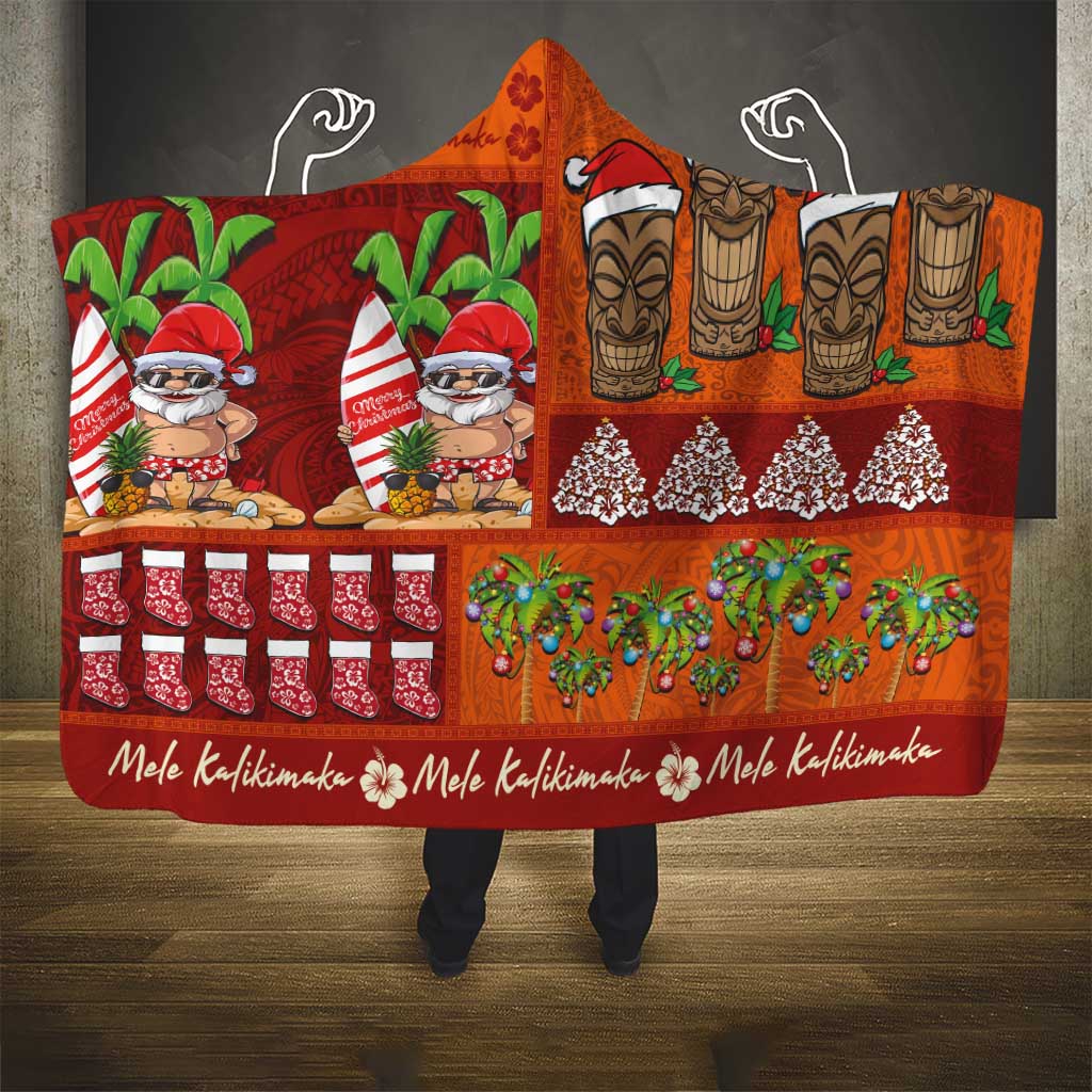 Hawaiian Christmas Hooded Blanket - Mele Kalikimaka Island Holiday Vibes - Red Orange LT03 - Polynesian Pride