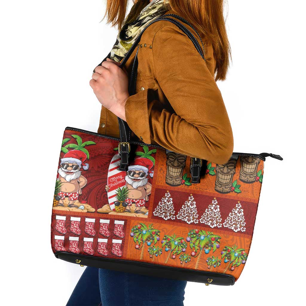 Hawaiian Christmas Leather Tote Bag - Mele Kalikimaka Island Holiday Vibes - Red Orange