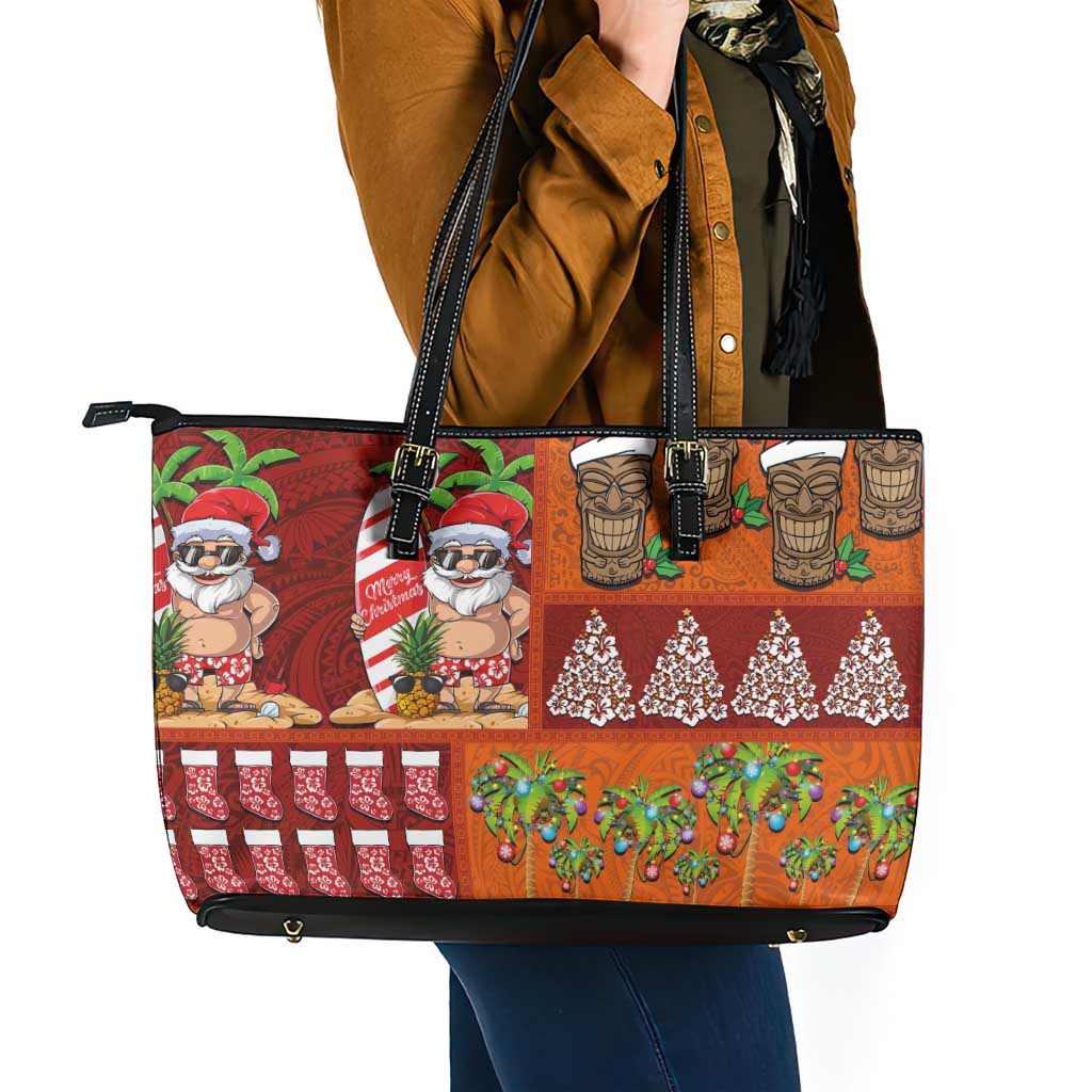 Hawaiian Christmas Leather Tote Bag - Mele Kalikimaka Island Holiday Vibes - Red Orange LT03 - Polynesian Pride