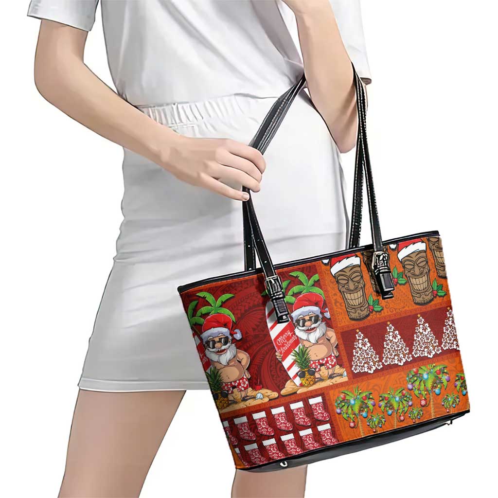 Hawaiian Christmas Leather Tote Bag - Mele Kalikimaka Island Holiday Vibes - Red Orange LT03 - Polynesian Pride