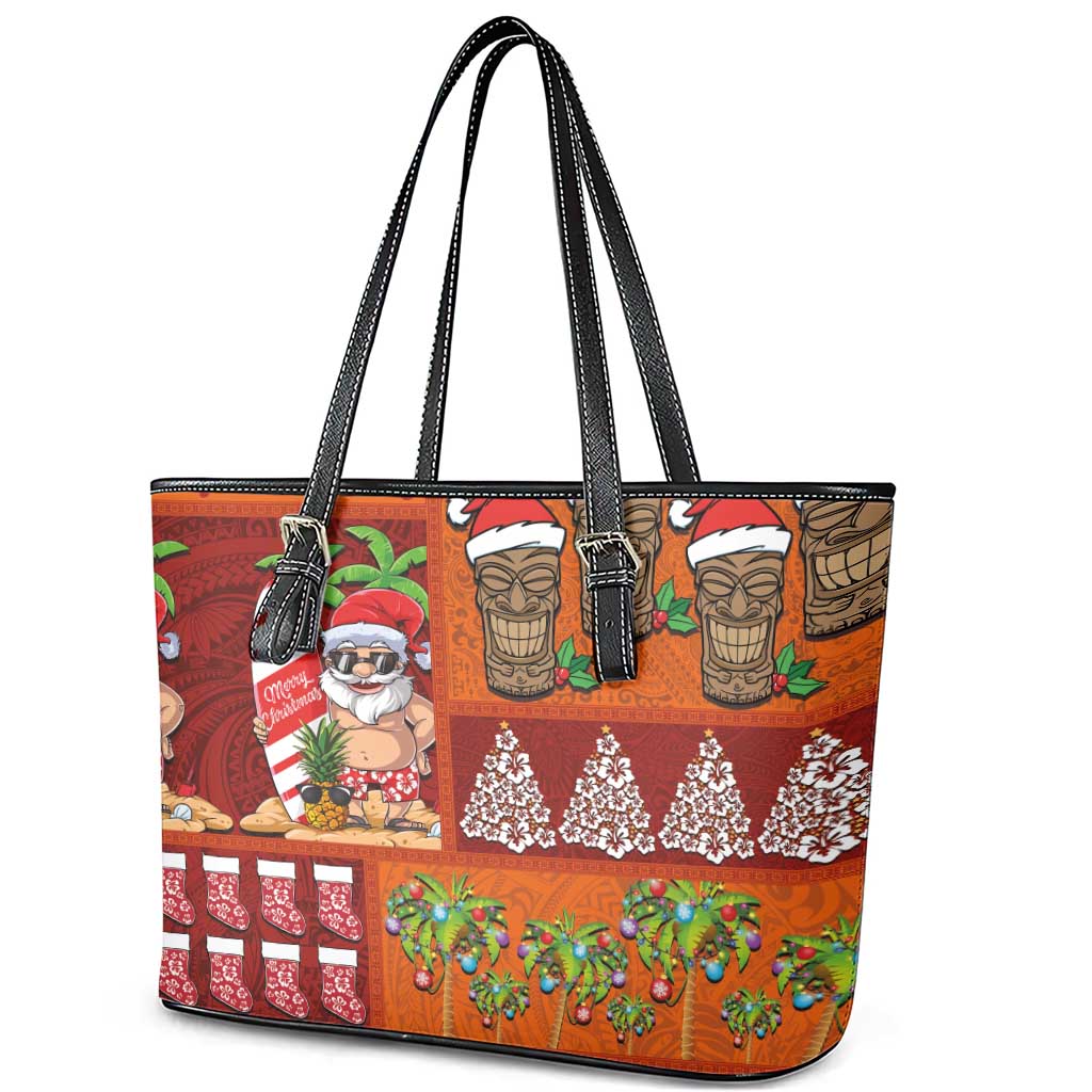 Hawaiian Christmas Leather Tote Bag - Mele Kalikimaka Island Holiday Vibes - Red Orange LT03 - Polynesian Pride