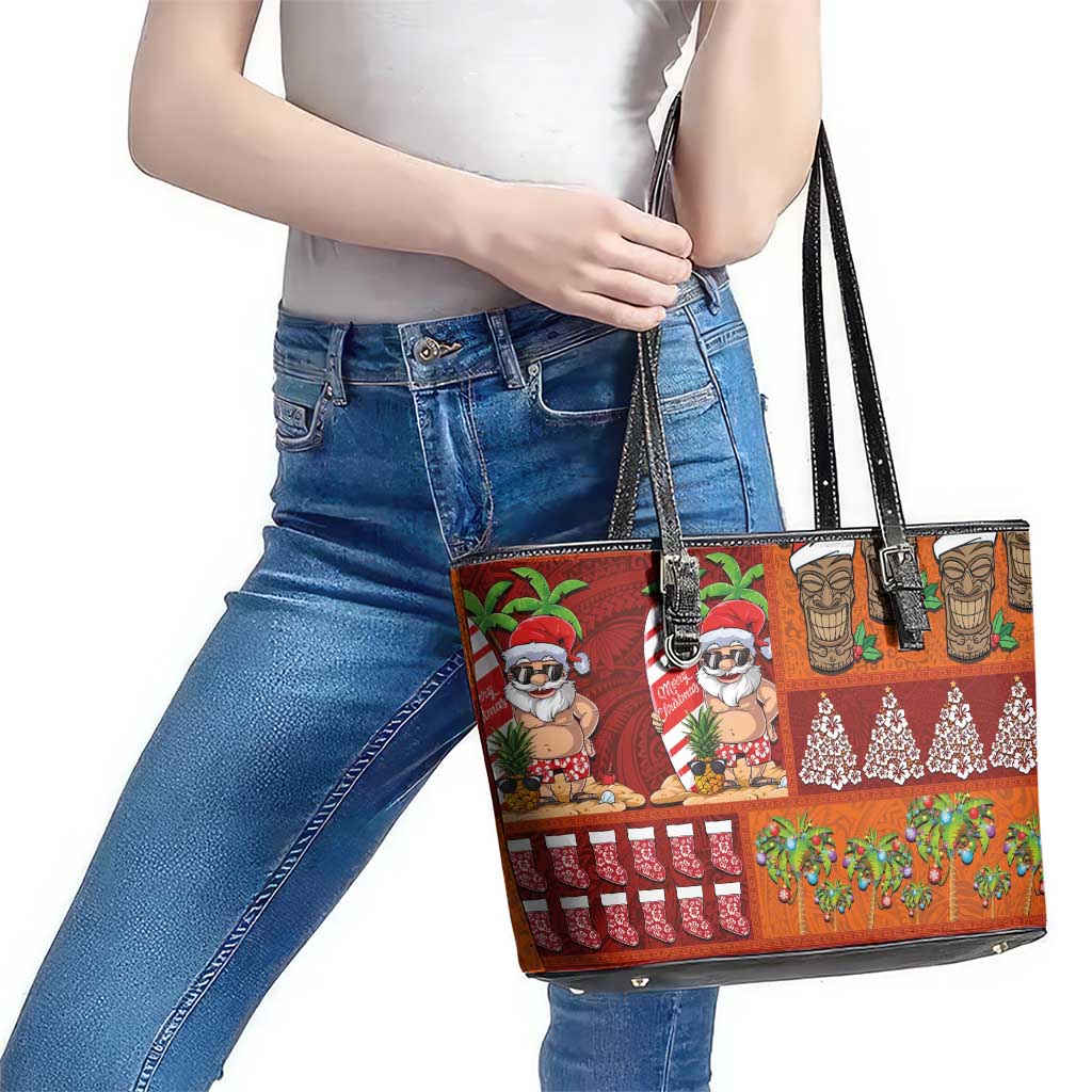 Hawaiian Christmas Leather Tote Bag - Mele Kalikimaka Island Holiday Vibes - Red Orange LT03 - Polynesian Pride