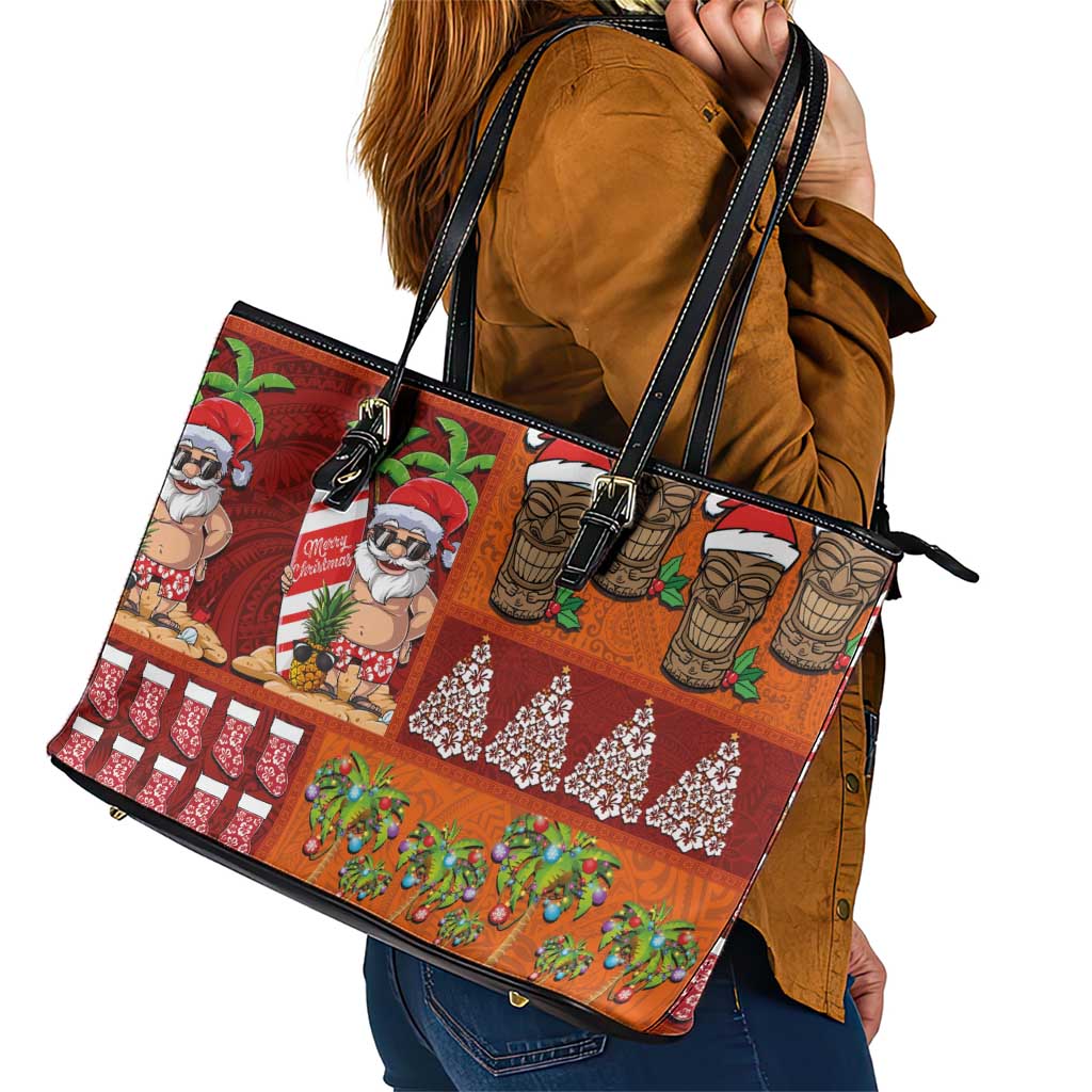 Hawaiian Christmas Leather Tote Bag - Mele Kalikimaka Island Holiday Vibes - Red Orange LT03 - Polynesian Pride