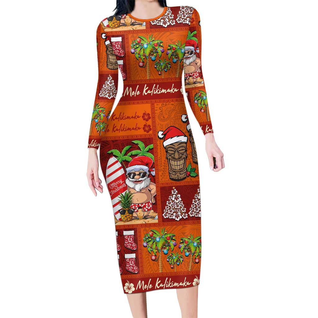 Hawaiian Christmas Long Sleeve Bodycon Dress - Mele Kalikimaka Island Holiday Vibes - Red Orange