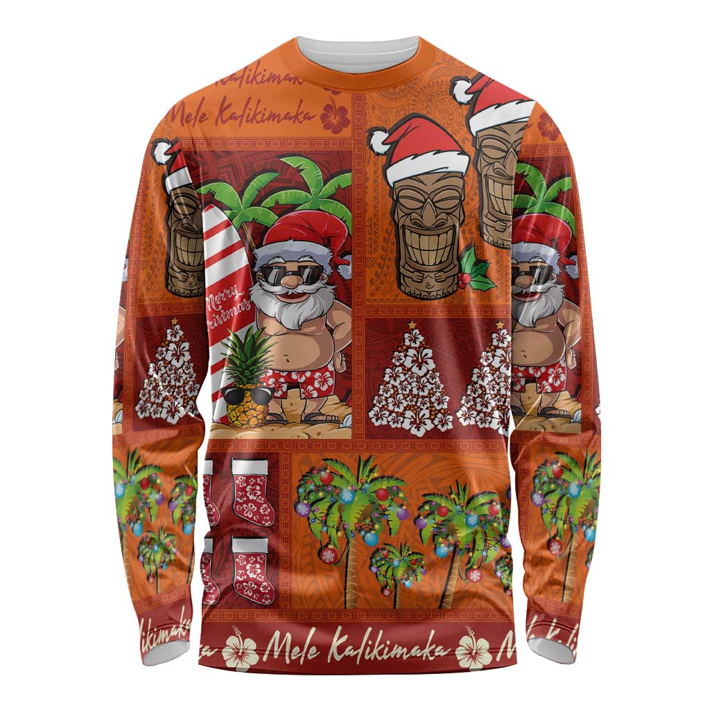 Hawaiian Christmas Long Sleeve Shirt - Mele Kalikimaka Island Holiday Vibes - Red Orange