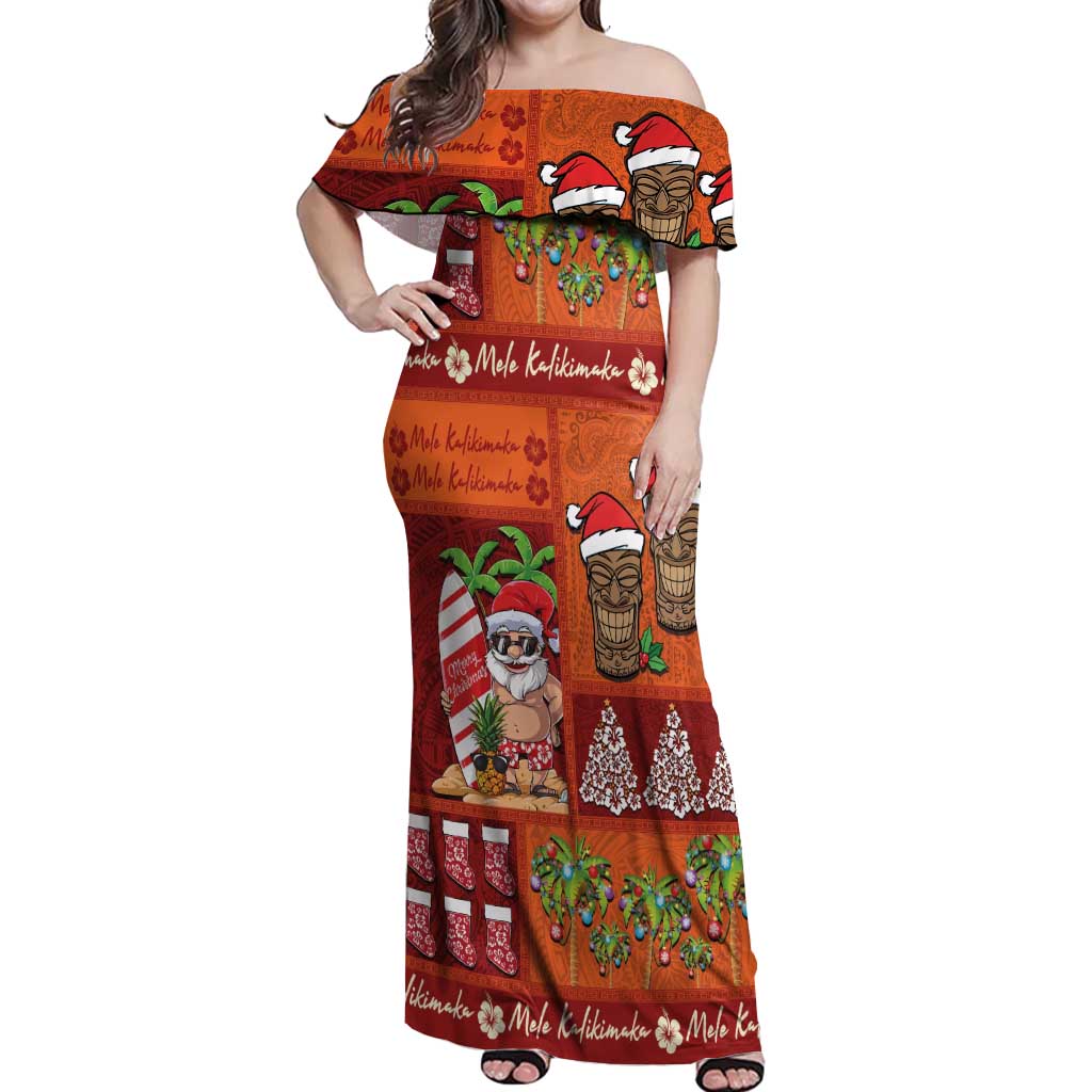 Hawaiian Christmas Off Shoulder Maxi Dress - Mele Kalikimaka Island Holiday Vibes - Red Orange