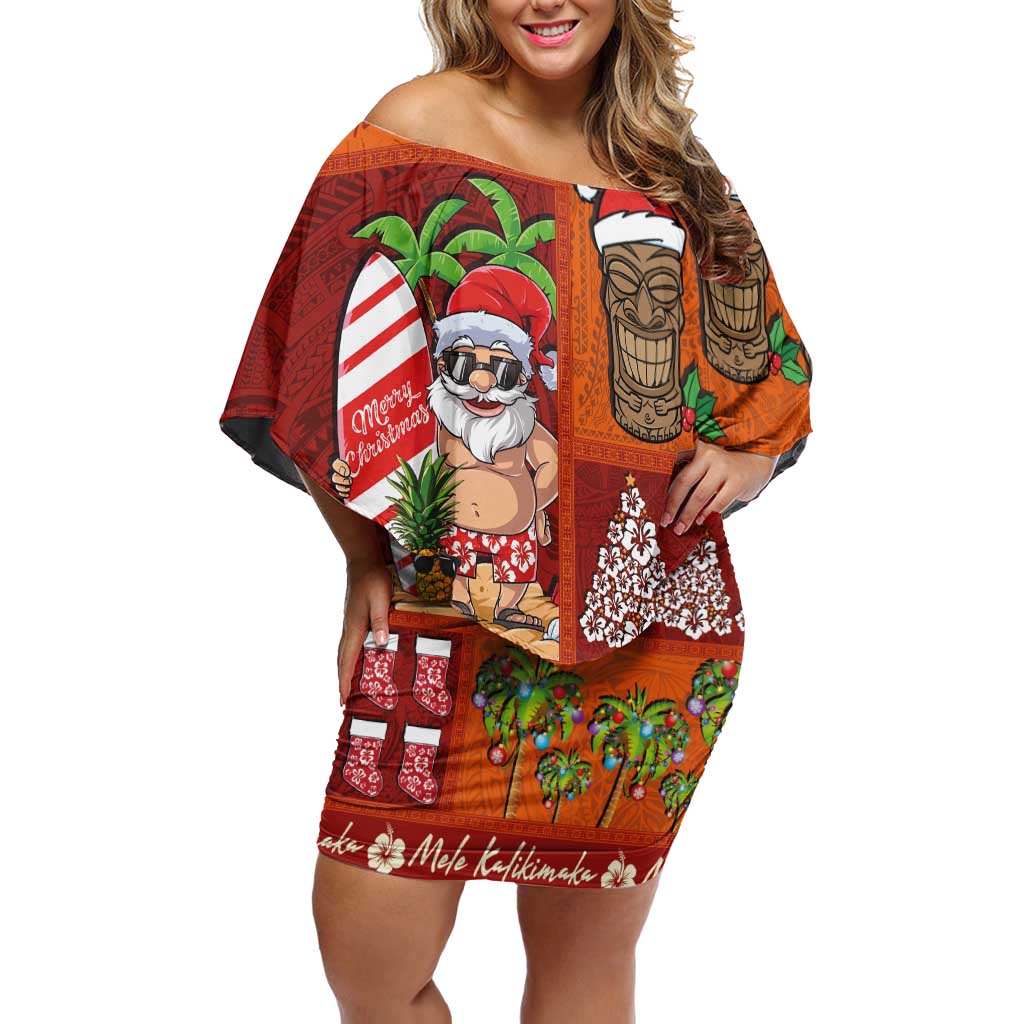 Hawaiian Christmas Off Shoulder Short Dress - Mele Kalikimaka Island Holiday Vibes - Red Orange