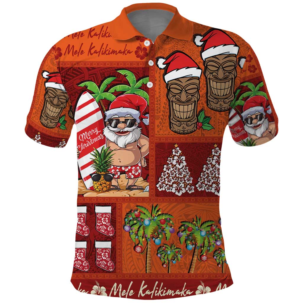 Hawaiian Christmas Polo Shirt - Mele Kalikimaka Island Holiday Vibes - Red Orange