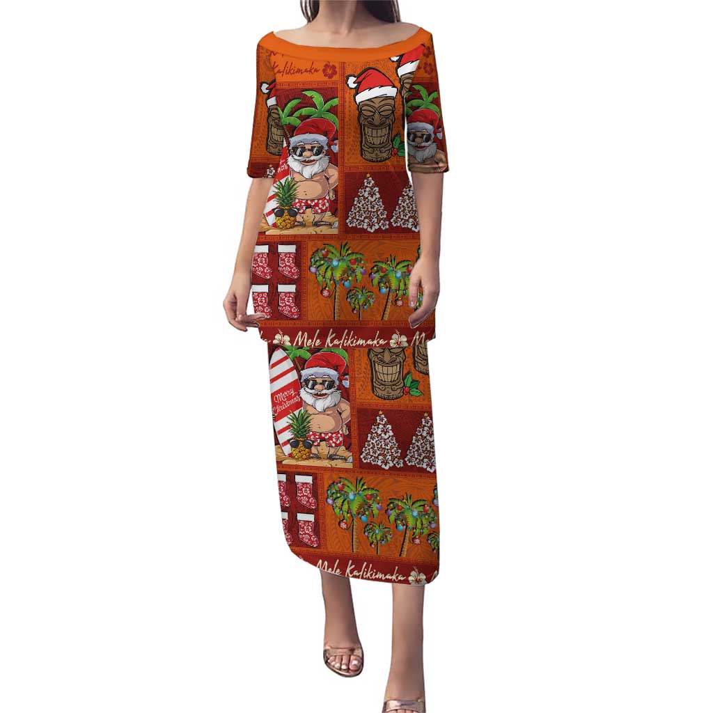 Hawaiian Christmas Puletasi - Mele Kalikimaka Island Holiday Vibes - Red Orange LT03 Long Dress Red - Orange - Polynesian Pride
