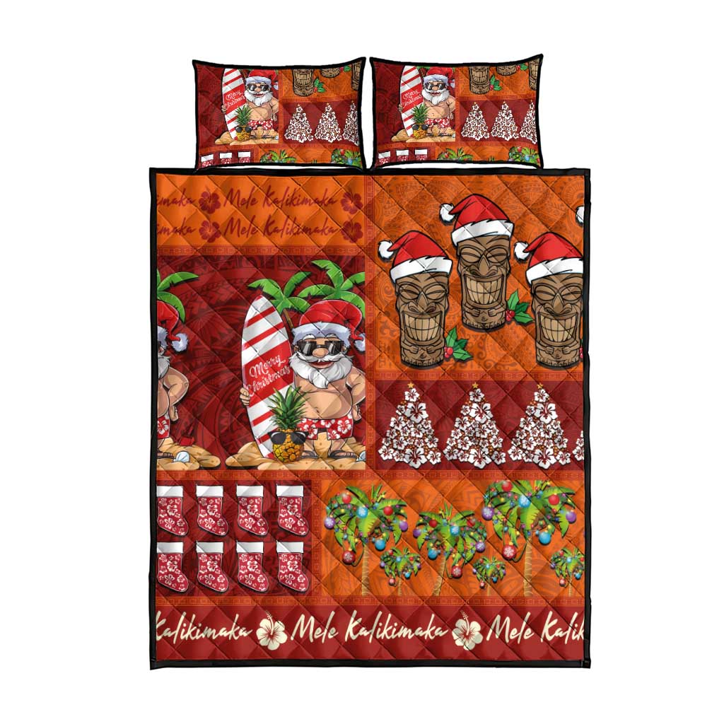 Hawaiian Christmas Quilt Bed Set - Mele Kalikimaka Island Holiday Vibes - Red Orange