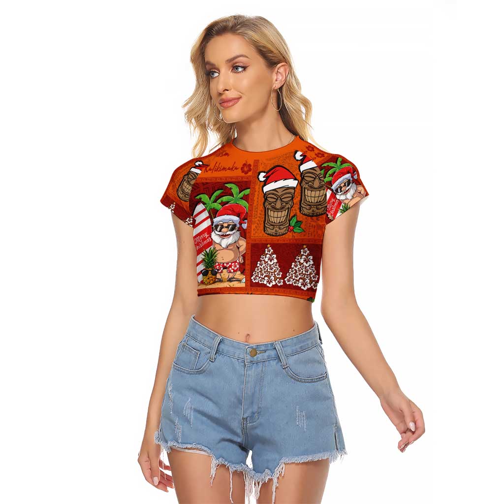 Hawaiian Christmas Raglan Cropped T Shirt - Mele Kalikimaka Island Holiday Vibes - Red Orange LT03 Female Red - Orange - Polynesian Pride
