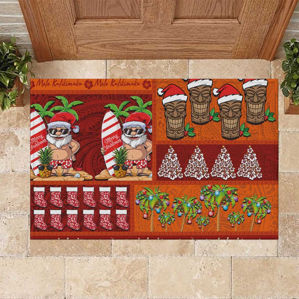 Hawaiian Christmas Rubber Doormat - Mele Kalikimaka Island Holiday Vibes - Red Orange LT03 Red - Orange - Polynesian Pride