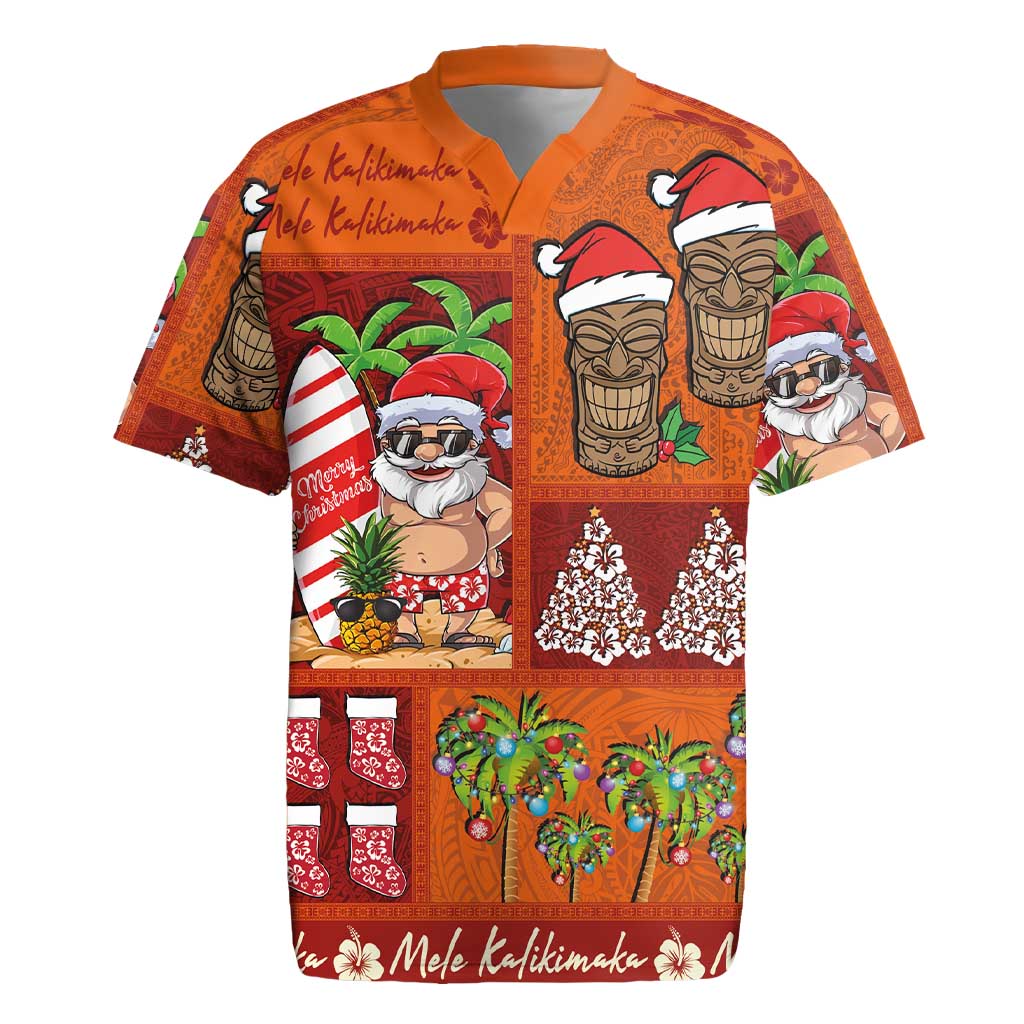 Hawaiian Christmas Rugby Jersey - Mele Kalikimaka Island Holiday Vibes - Red Orange