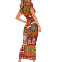Hawaiian Christmas Short Sleeve Bodycon Dress - Mele Kalikimaka Island Holiday Vibes - Red Orange