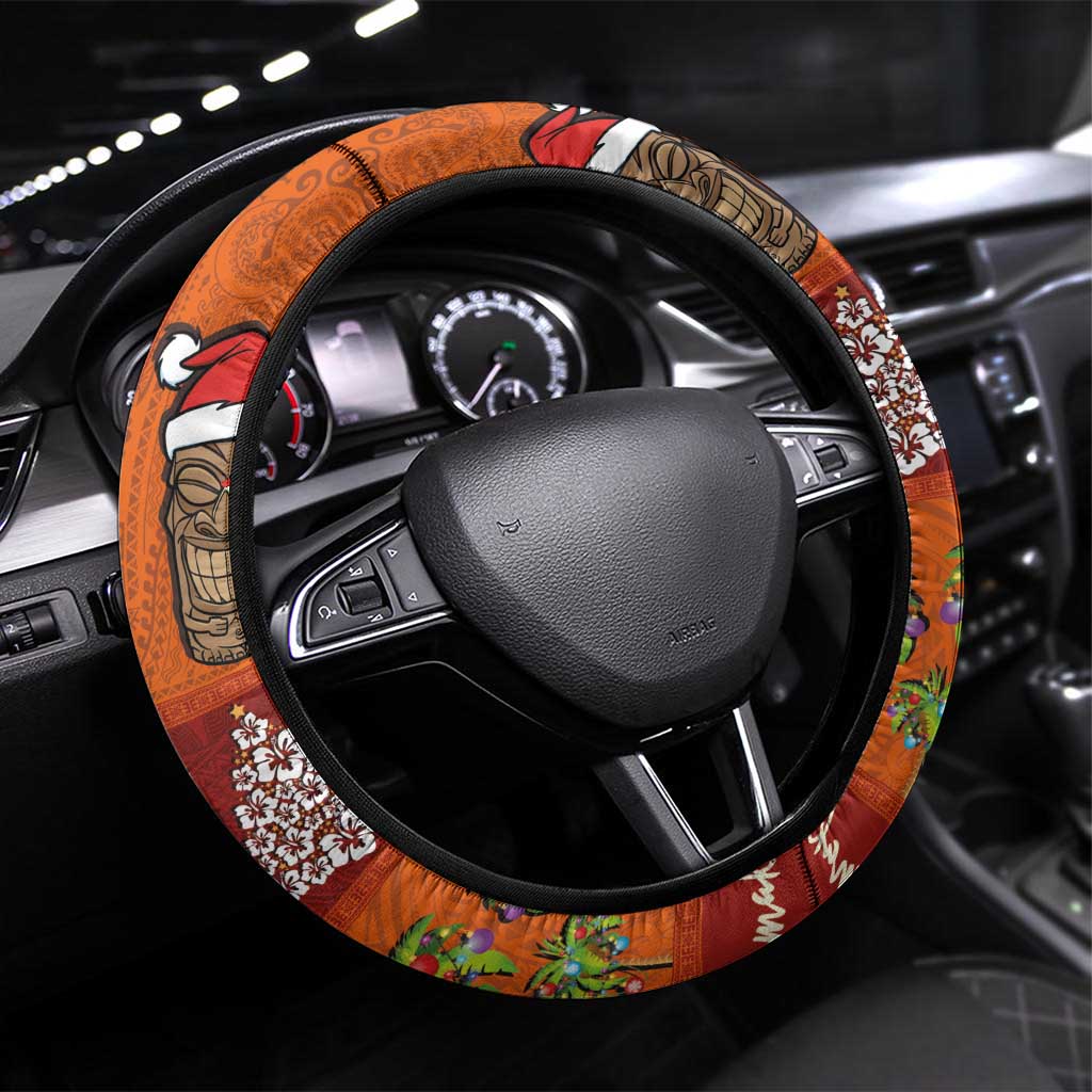 Hawaiian Christmas Steering Wheel Cover - Mele Kalikimaka Island Holiday Vibes - Red Orange LT03 Universal Fit Red - Orange - Polynesian Pride