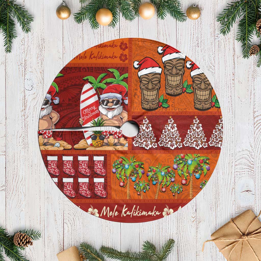 Hawaiian Christmas Tree Skirt - Mele Kalikimaka Island Holiday Vibes - Red Orange