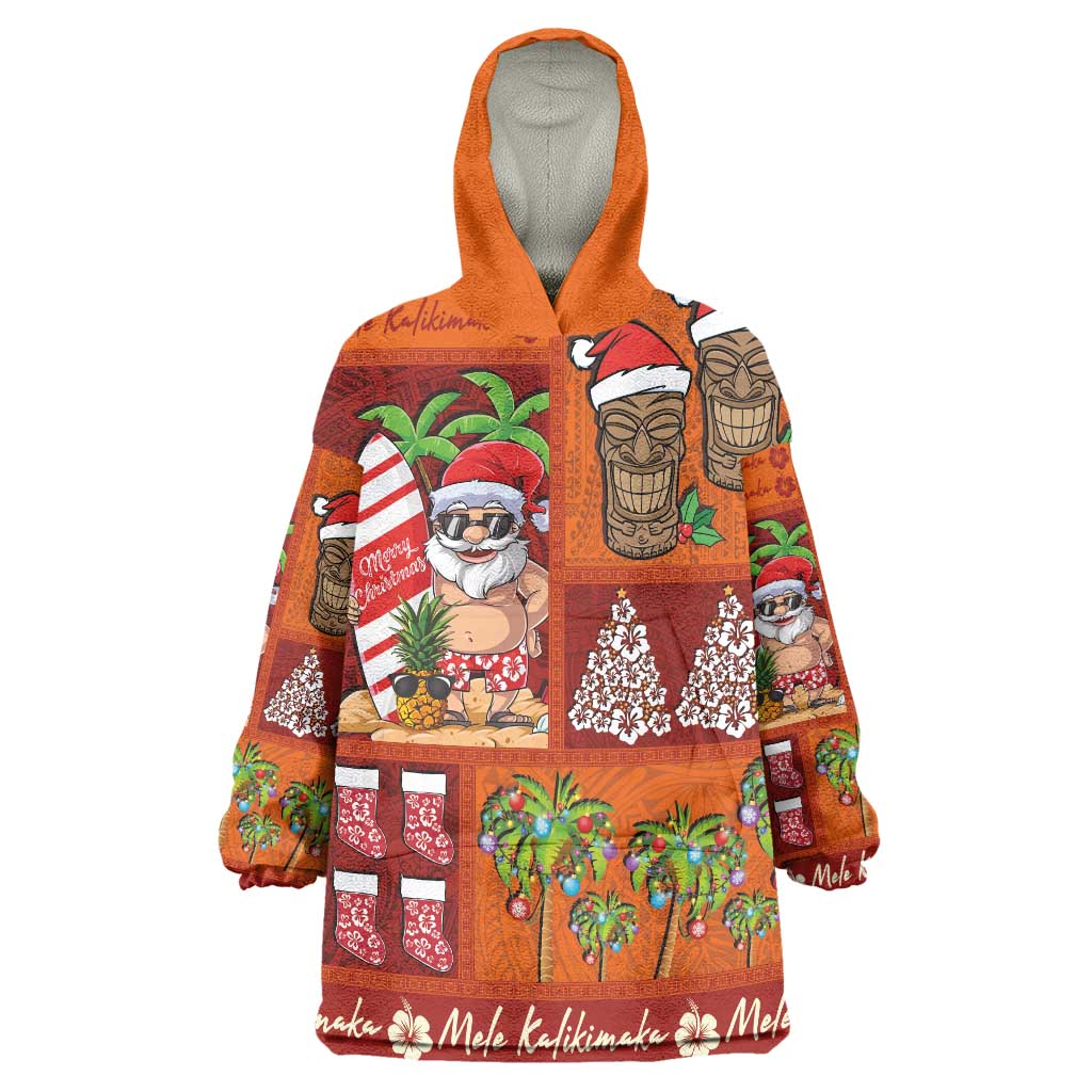 Hawaiian Christmas Wearable Blanket Hoodie - Mele Kalikimaka Island Holiday Vibes - Red Orange