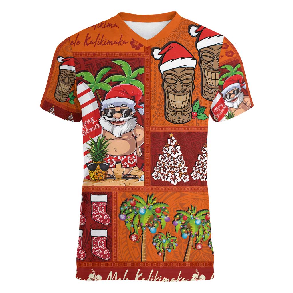 Hawaiian Christmas Women V-Neck T-Shirt - Mele Kalikimaka Island Holiday Vibes - Red Orange