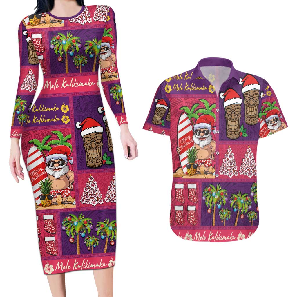 Hawaiian Christmas Couples Matching Long Sleeve Bodycon Dress and Hawaiian Shirt - Mele Kalikimaka Island Holiday Vibes - Pink Purple