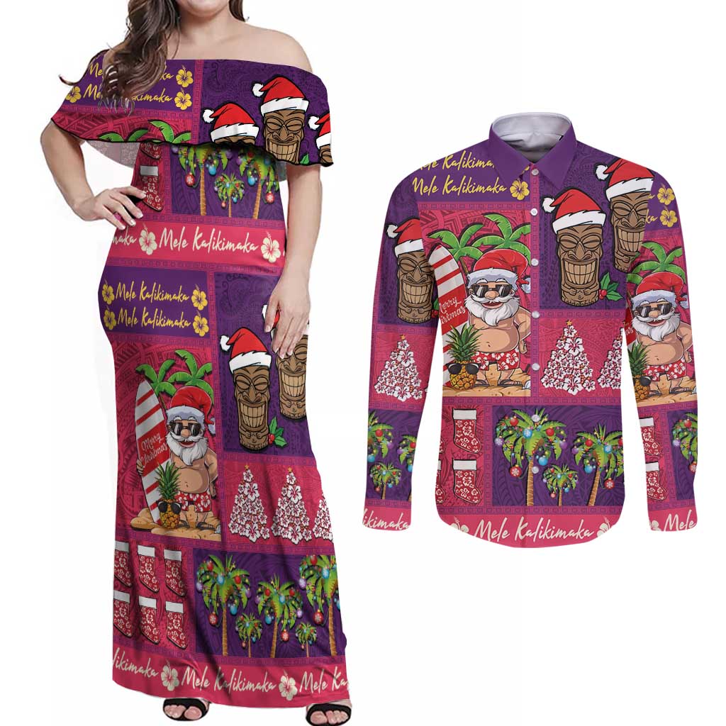 Hawaiian Christmas Couples Matching Off Shoulder Maxi Dress and Long Sleeve Button Shirt - Mele Kalikimaka Island Holiday Vibes - Pink Purple