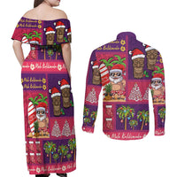 Hawaiian Christmas Couples Matching Off Shoulder Maxi Dress and Long Sleeve Button Shirt - Mele Kalikimaka Island Holiday Vibes - Pink Purple
