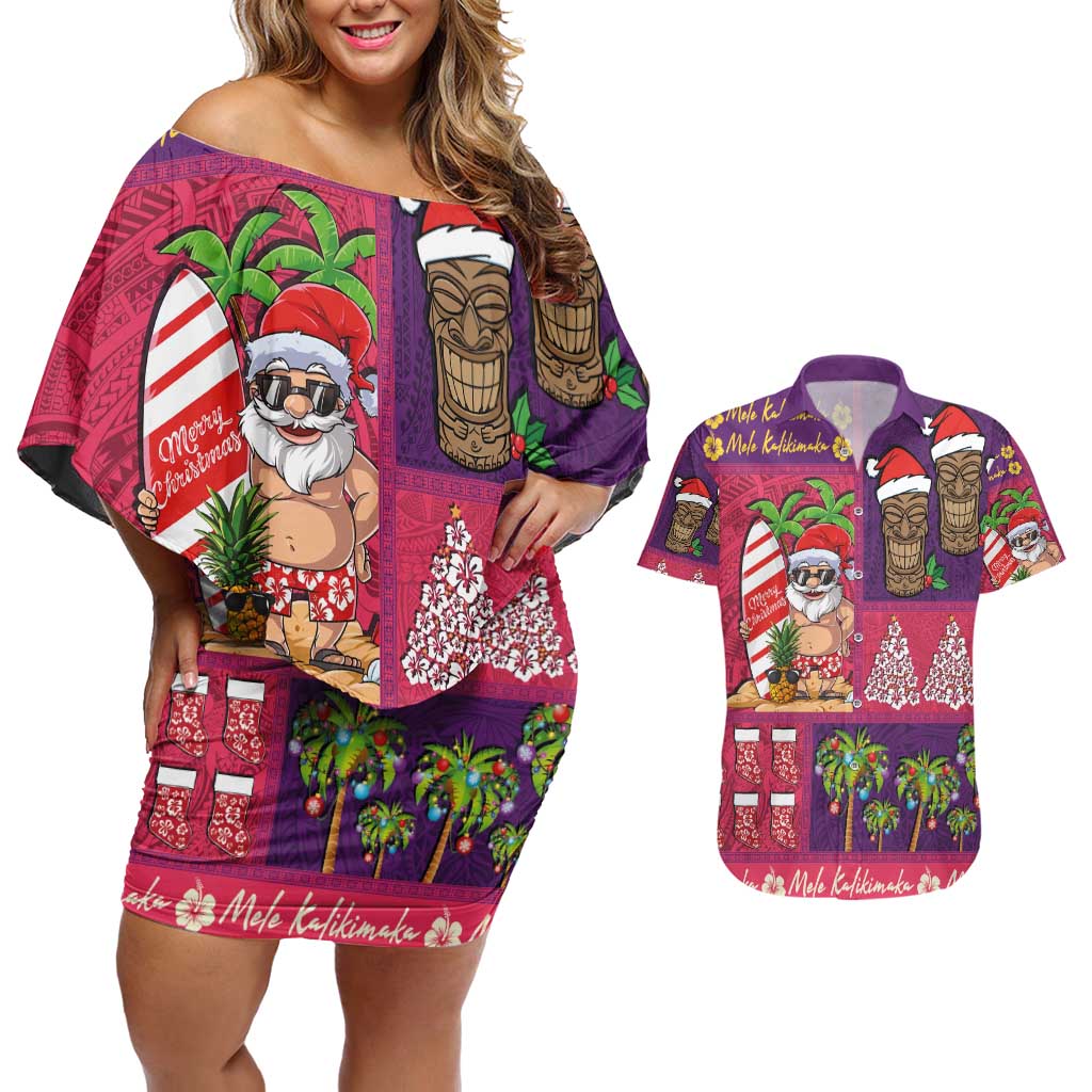 Hawaiian Christmas Couples Matching Off Shoulder Short Dress and Hawaiian Shirt - Mele Kalikimaka Island Holiday Vibes - Pink Purple