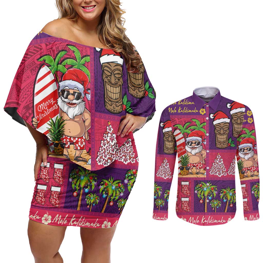 Hawaiian Christmas Couples Matching Off Shoulder Short Dress and Long Sleeve Button Shirt - Mele Kalikimaka Island Holiday Vibes - Pink Purple